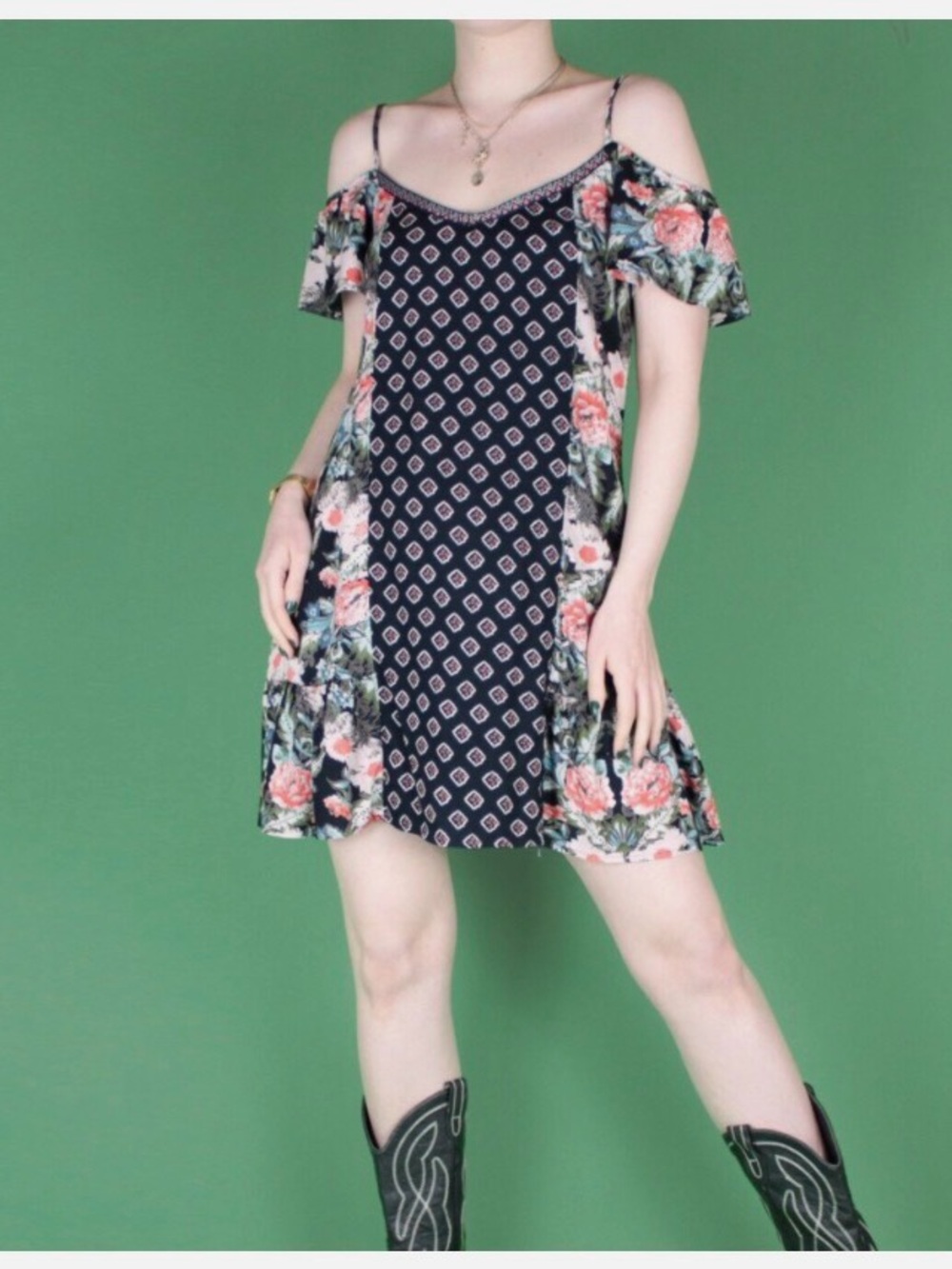 Band Of Gypsies Cold Shoulder Mixed Print Dress